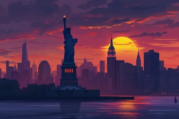 Illustrate the Statue of Liberty bathed in the warm light of the setting sun on Independence Day