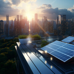 solar panels being installed on the rooftops of modern office buildings on a sunny day.