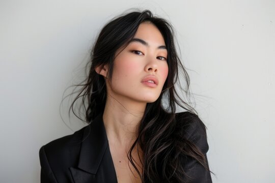 Portrait of a young asian woman with dark hair in a black blazer.