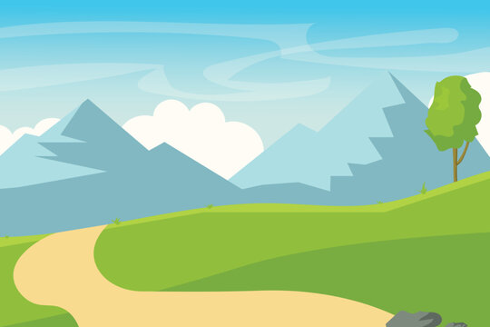 landscape with trees and hills . Vector background with country road passes through the fields.	
