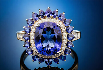 Fototapeta premium Tanzanite Jewelry, Gemstone, Precious, Blue, Luxury, Fashion, Accessories, Necklace, Earrings, Bracelet, Ring, Glamour, Sparkle, Gem, Elegant, AI Generated