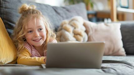 Beautiful cute charming little blonde girl playing and surfing the internet on laptop smiling and lying down on the couch at home. Digital technology, internet usage and life style concept.