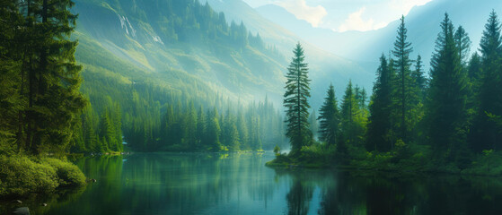 Beautiful landscape view of green summer forest with spruce and pine trees mountain, lake, river....