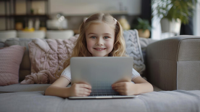 Beautiful cute charming little blonde girl playing and surfing the internet on laptop smiling and lying down on the couch at home. Digital technology, internet usage and life style concept.