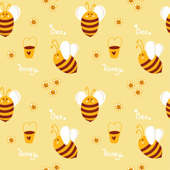 Honey pattern with bees for beekeepers and honey products. Cute summer yellow pattern with bees collecting honey. Minimalistic Flat lay design for food packaging and beekeeping design