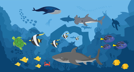 Obraz na płótnie Canvas coral reef with fish underwater on a blue sea background. Vector ocean panoramic illustration. 