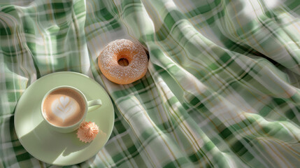 Cup with cappuccino, doughnutt, green pastel giant plaid, bedroom, morning concept, top view.