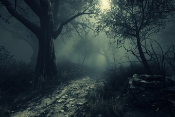 Lead the viewer down a dark and winding forest path, where gnarled trees cast long shadows and...