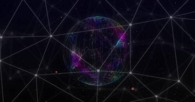 Animation of network of connections with spots over globe on dark background