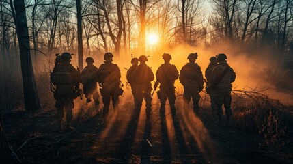 Squad of Fully Equipped and Armed Soldiers Standing on Hill in Desert Environment in Sunset Light - obrazy, fototapety, plakaty