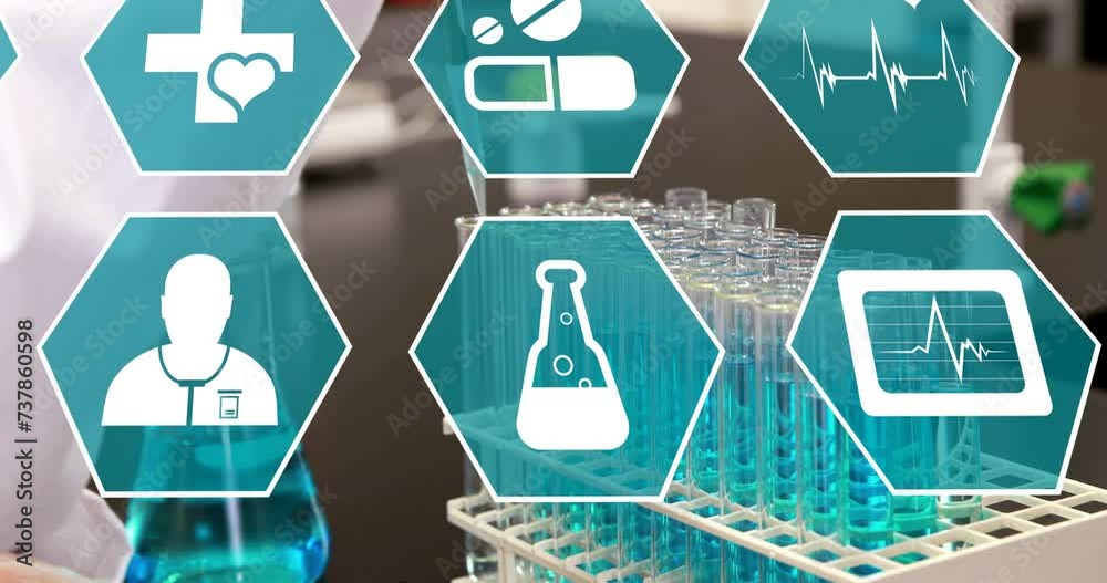 Poster animation of data processing with icons over laboratory
