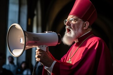 a man in a red robe and hat speaking into a megaphone