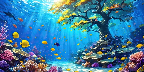 Fototapeta na wymiar Colorful underwater tree with tropical coral reef, beauty of marine life