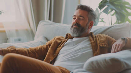 Fototapeta premium Happy bearded man in casual clothes relaxing on sofa at home, looking at copy space, side view. Relaxed middle-aged man having break on couch in living room, dreaming about prosperous life.