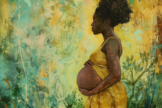 Portray a Black woman expecting a baby in a moment of quiet contemplation