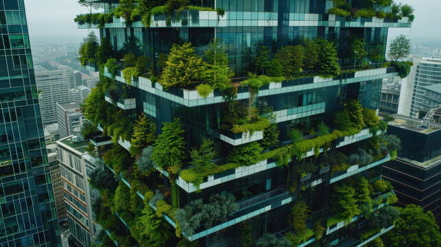 Selective focus on tree and eco friendly building with vertical garden in modern city. Green tree forest on sustainable glass building. Office building with green environment. Go green concept.