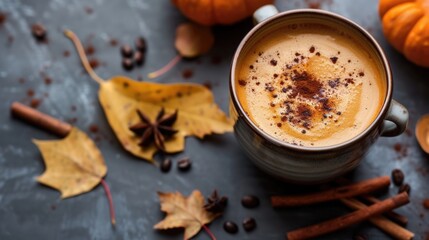 Spiced pumpkin latte in a ceramic mug with autumn leaves.