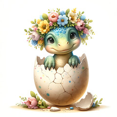 cute baby dino with flower wreath in a cracked egg watercolor illustration