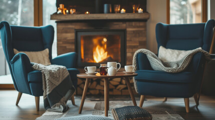 Stylish fireplace near comfortable armchairs and coffee table with tea in cosy living room. Interior design.