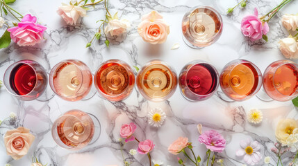 Obraz na płótnie Canvas Various shades of rose wine. Flat-lay of rose wine in different colors in glasses and spring blossom flowers over marble background, top view. Wine shop, bar, tasting, seasonal wine list concept.