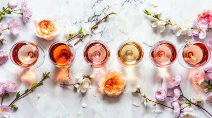 Obraz na płótnie Canvas Various shades of rose wine. Flat-lay of rose wine in different colors in glasses and spring blossom flowers over marble background, top view. Wine shop, bar, tasting, seasonal wine list concept.
