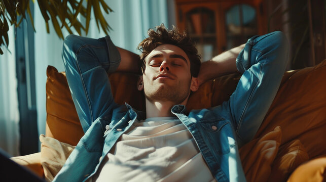 Total Relaxation. Handsome Young Man Keeping Eyes Closed And Holding Hands Behind Head While Sitting In Big Comfortable Chair At Home.