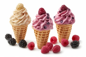 Three waffle cones with Pile berries in shape of ice cream, assorted raspberries, blackberries and other red berries