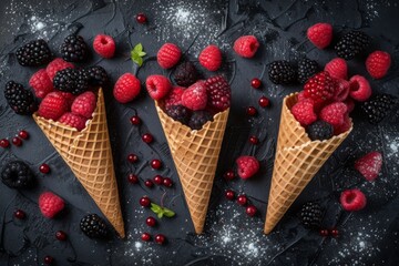 Three waffle cones with Pile berries in shape of ice cream, assorted raspberries, blackberries and...