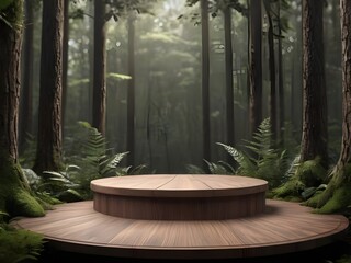 wooden product display podium with forest nature background