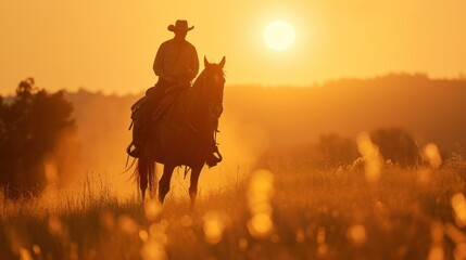 A cowboy riding a horse in the light at sunset - obrazy, fototapety, plakaty