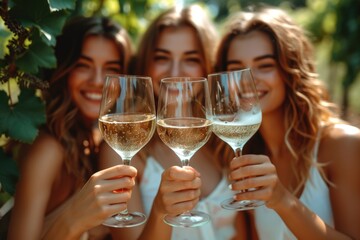 Friends toasting with white wine in a vineyard.