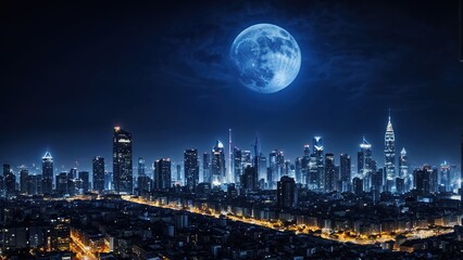 Fototapeta premium Moonlit Urban Night Skyline with City Lights and Skyscrapers