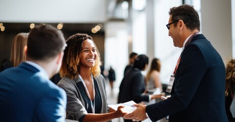 Professionals forging connections at a business networking event - obrazy, fototapety, plakaty