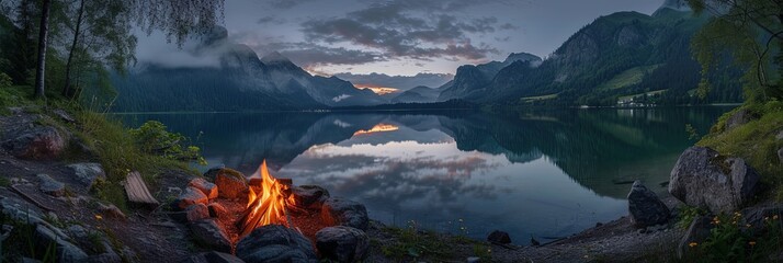 Campfire next to lke in the moutains at night. © Barosanu