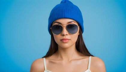 Fototapeta premium A young woman wearing a blue knit beanie and sunglasses on a blue background.