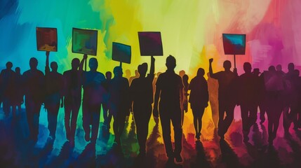 Silhouette of a Diverse Crowd Marching: A scene depicting a diverse group of silhouetted individuals marching together, holding signs advocating for equality and justice.

