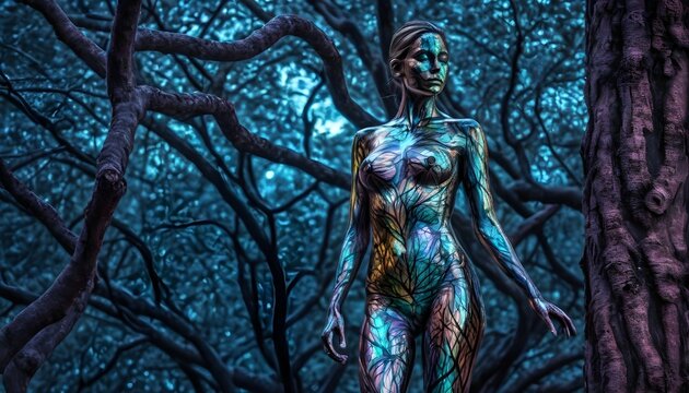 Holo female nimph figure nearby a tree, branches in the background
