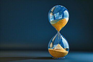 Vintage hourglass on a dark background, representing the concept of time passing and the importance of deadlines - obrazy, fototapety, plakaty