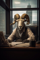 Goat with horns sitting at desk with laptop and cup. - obrazy, fototapety, plakaty