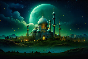 Fototapeta premium Ramadan Kareem, Beautiful Night Scene with Crescent Moon, Islamic Festival Greeting with Mosque Silhouette