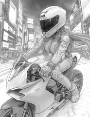 Fototapeta na wymiar cyberpunk girl on futuristic motorbike. anistress coloring page