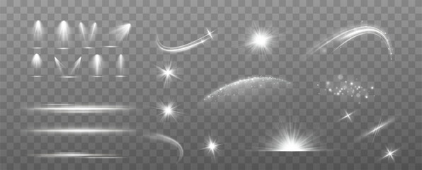 A set of light effects on a transparent background for advertising. Stars, breezes, lines, curls, dust, glitter explosion. Light effect for children's toys.  © blagorodez