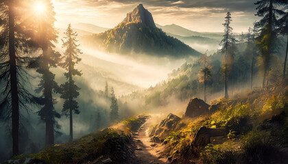 landscape, sunrise in the mountains, fog swirling in the wind