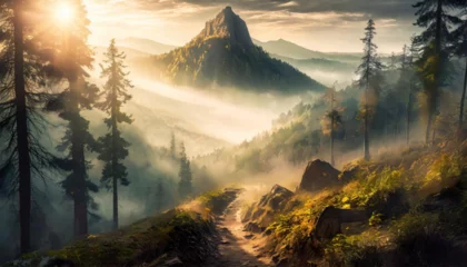 Foto op Plexiglas Kaki landscape, sunrise in the mountains, fog swirling in the wind