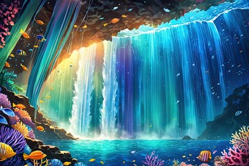 Colorful underwater waterfall in fantasy. Peaceful and magical. Beauty of coral reefs