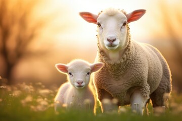 Naklejka na ściany i meble Serene Pastoral Moment: A Mother Sheep and Her Lamb at Dusk - Generative AI