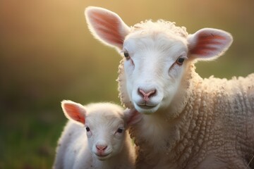 Fototapeta premium Serene Pastoral Moment: A Mother Sheep and Her Lamb at Dusk - Generative AI