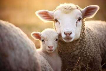 Serene Pastoral Moment: A Mother Sheep and Her Lamb at Dusk - Generative AI
