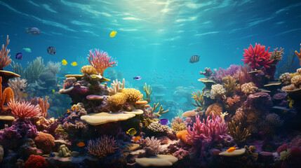 An underwater scene of corals and seaweed.