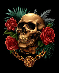 A provocative applique for a T-shirt. Pirates' treasures: chest of gold, skull, flowers. Bright colors. Black background.